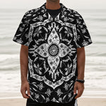 Black And White Lotus Mandala Print Textured Short Sleeve Shirt