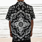 Black And White Lotus Mandala Print Textured Short Sleeve Shirt