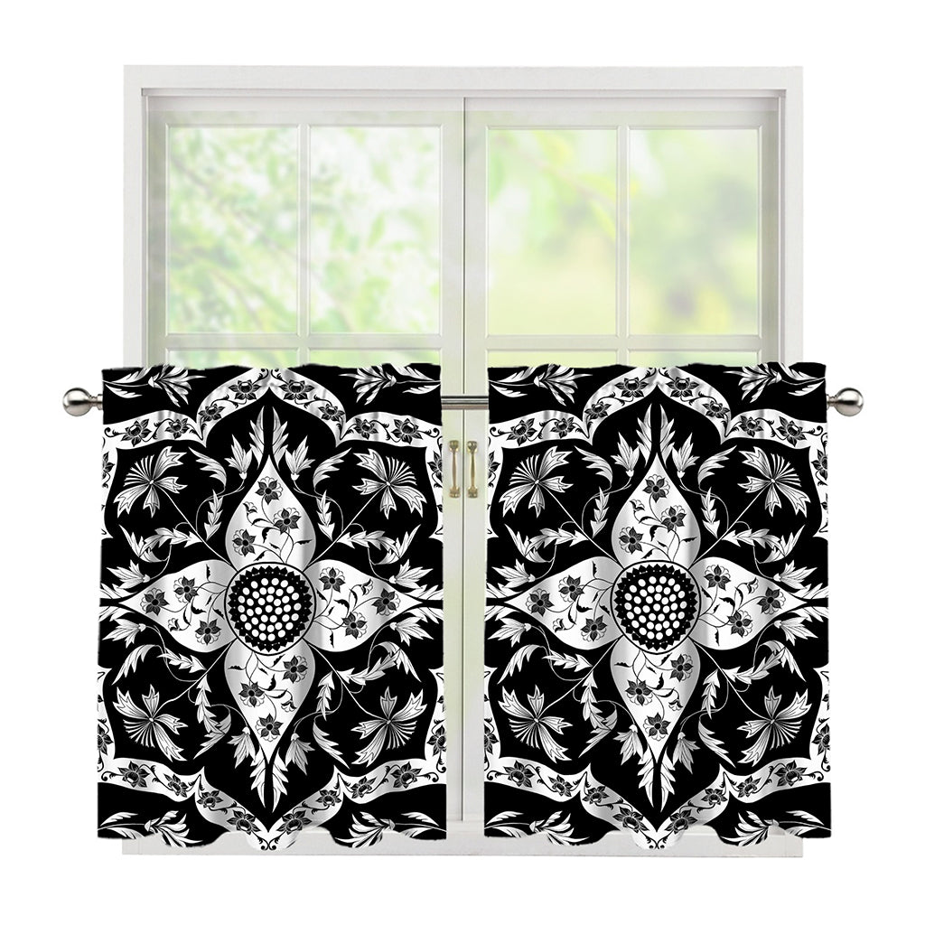 Black And White Lotus Mandala Print Tier Curtains