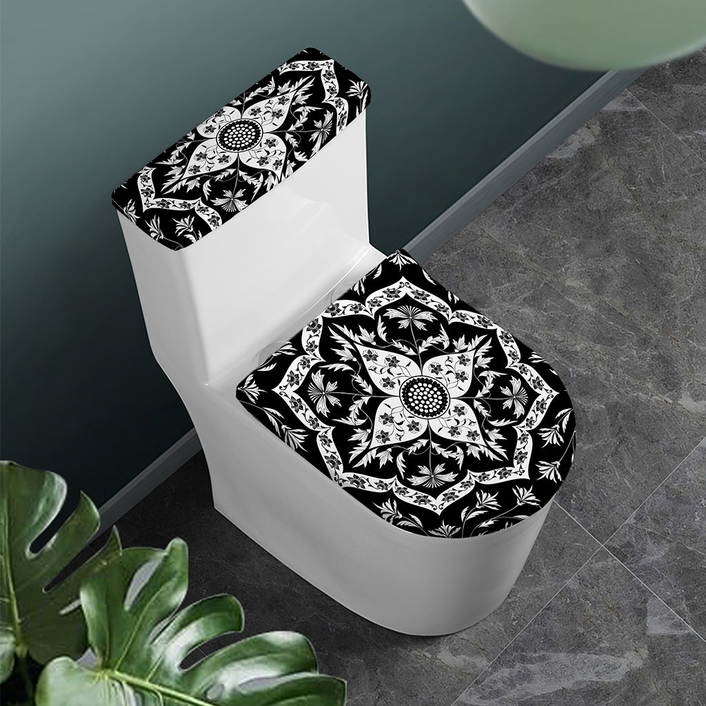 Black And White Lotus Mandala Print Toilet Lid And Tank Cover Set