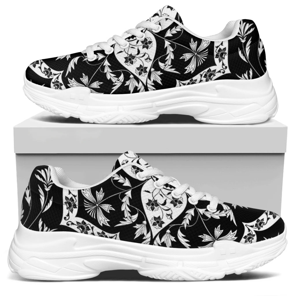 Black And White Lotus Mandala Print White Chunky Shoes
