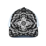 Black And White Lotus Mandala Print White Mesh Trucker Cap