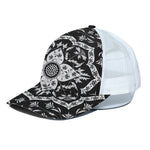 Black And White Lotus Mandala Print White Mesh Trucker Cap