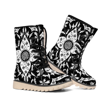 Black And White Lotus Mandala Print Winter Boots