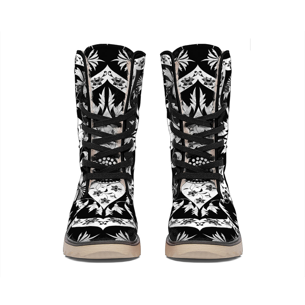 Black And White Lotus Mandala Print Winter Boots
