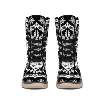 Black And White Lotus Mandala Print Winter Boots