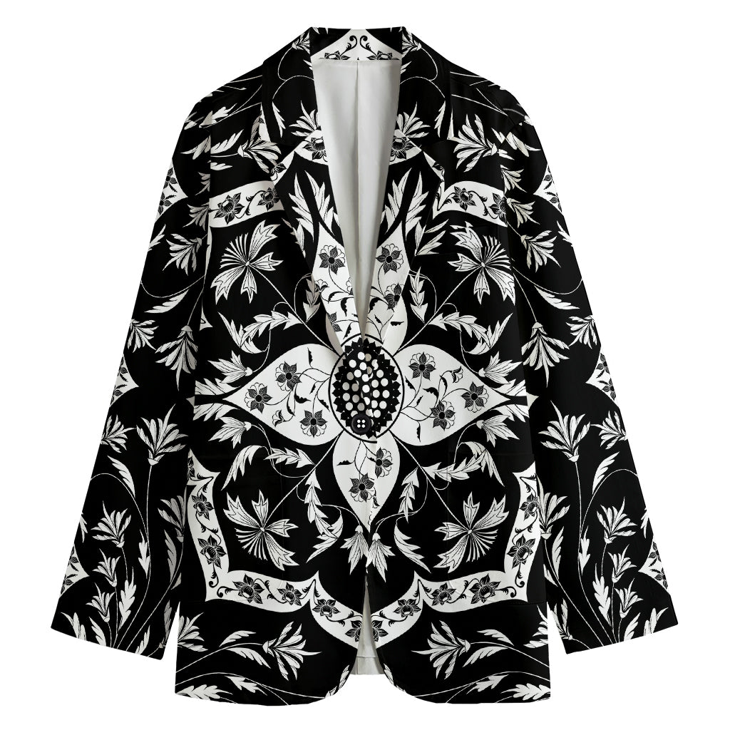 Black And White Lotus Mandala Print Women's Blazer