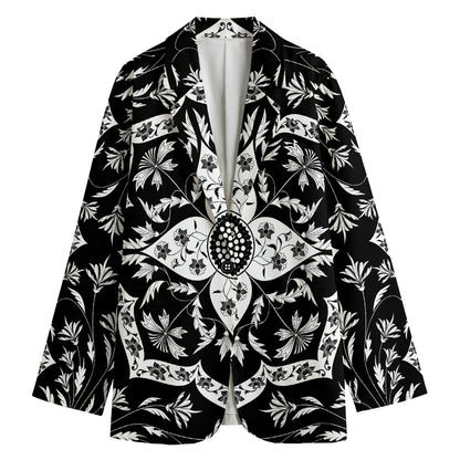 Black And White Lotus Mandala Print Women's Blazer