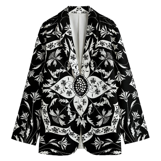 Black And White Lotus Mandala Print Women's Blazer