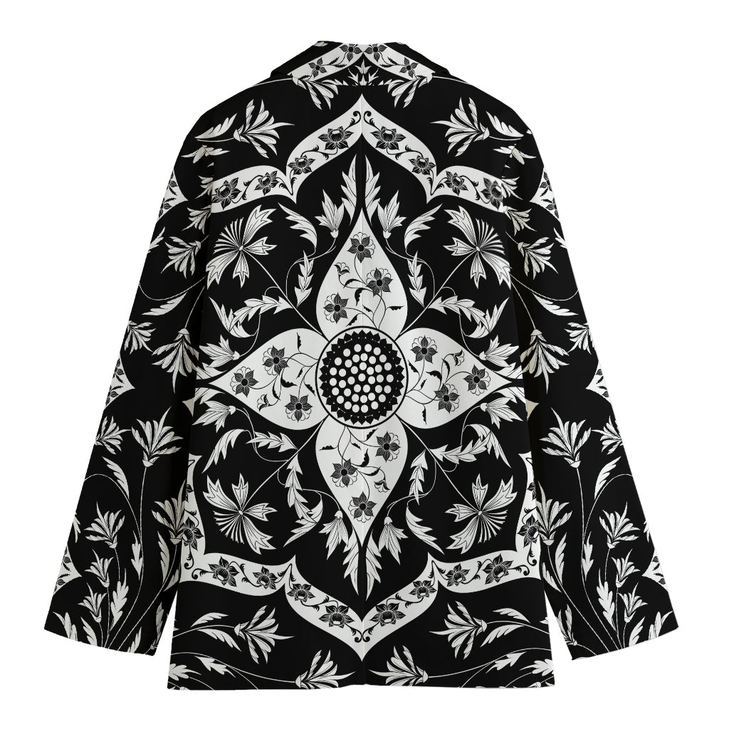 Black And White Lotus Mandala Print Women's Blazer