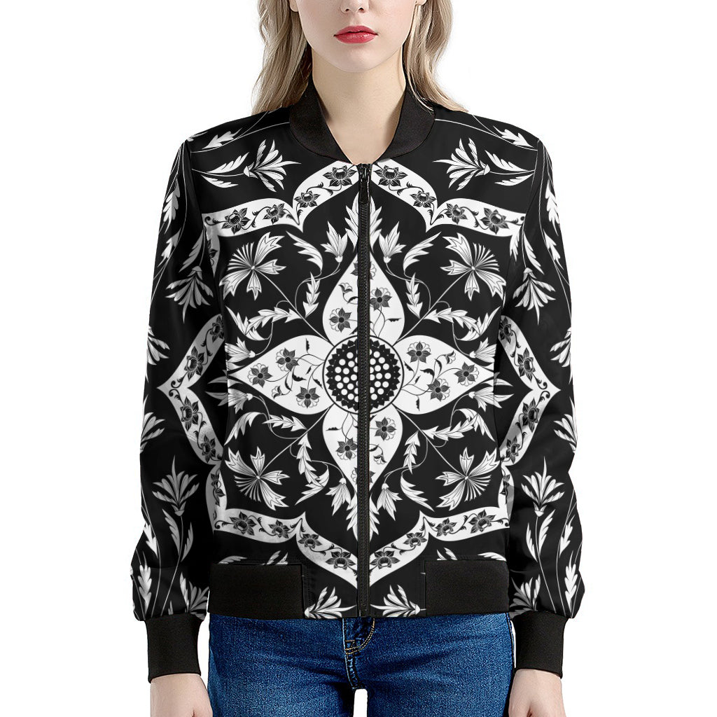 Black And White Lotus Mandala Print Women's Bomber Jacket