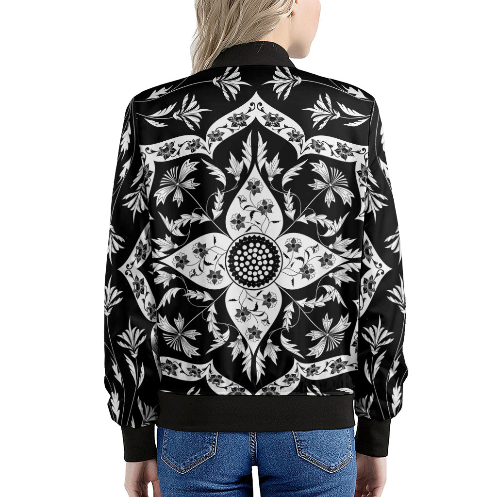 Black And White Lotus Mandala Print Women's Bomber Jacket