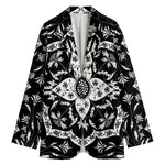 Black And White Lotus Mandala Print Women's Cotton Blazer