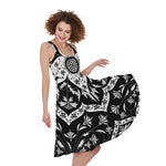 Black And White Lotus Mandala Print Women's Sleeveless Dress