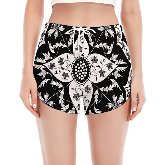 Black And White Lotus Mandala Print Women's Split Running Shorts