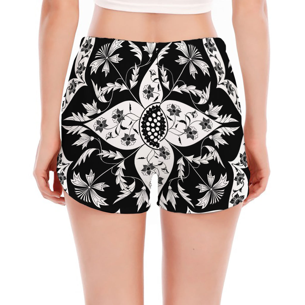 Black And White Lotus Mandala Print Women's Split Running Shorts