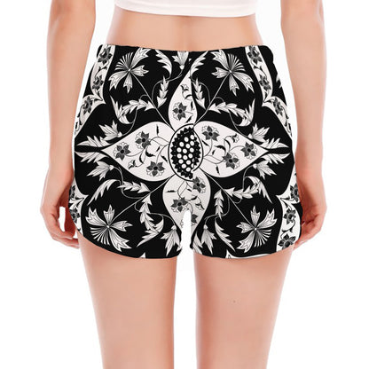 Black And White Lotus Mandala Print Women's Split Running Shorts