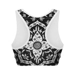 Black And White Lotus Mandala Print Women's Sports Bra