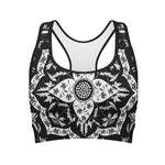 Black And White Lotus Mandala Print Women's Sports Bra