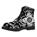 Black And White Lotus Mandala Print Padded Collar Lace Up Boots
