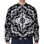 Black And White Lotus Mandala Print Zip Sleeve Bomber Jacket