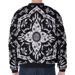Black And White Lotus Mandala Print Zip Sleeve Bomber Jacket