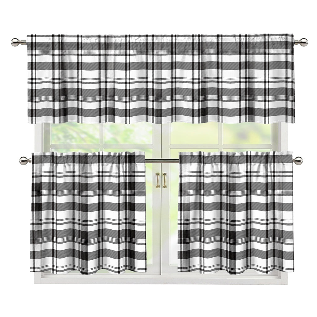 Black And White Madras Pattern Print 3 Piece Kitchen Curtains