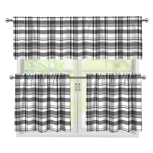 Black And White Madras Pattern Print 3 Piece Kitchen Curtains