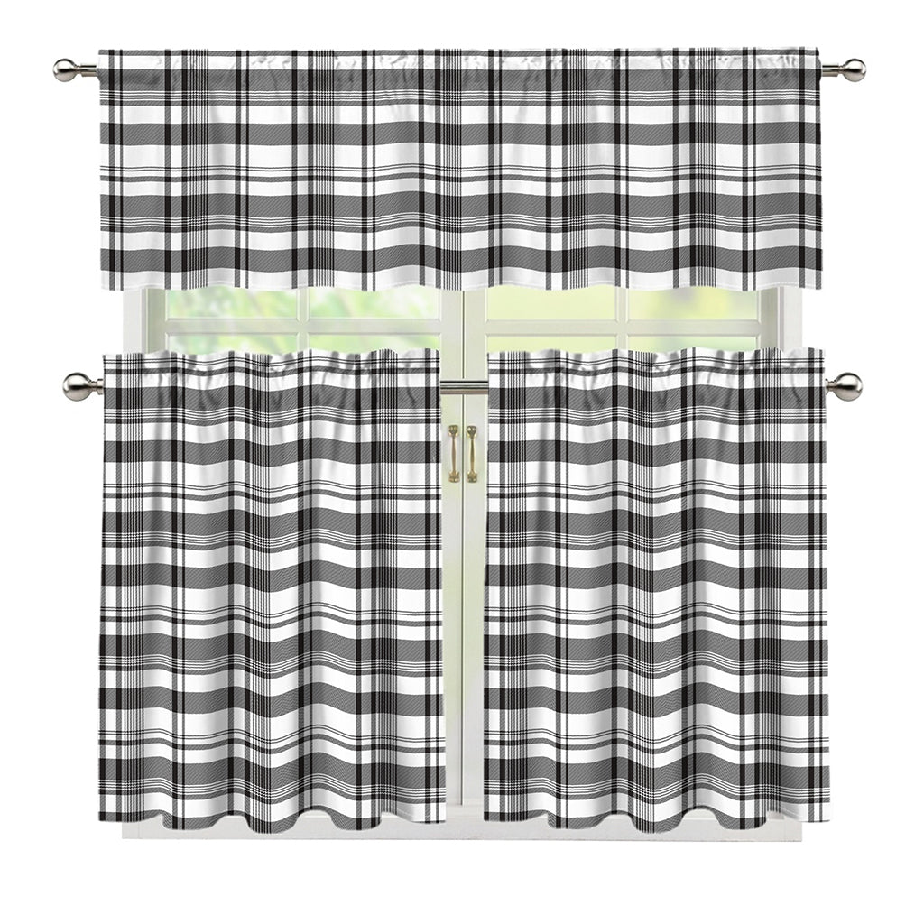 Black And White Madras Pattern Print 3 Piece Kitchen Curtains