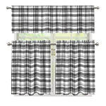 Black And White Madras Pattern Print 3 Piece Kitchen Curtains