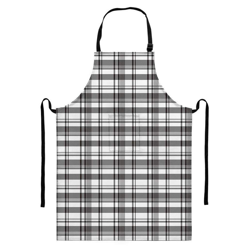 Black And White Madras Pattern Print Bib Apron With Pocket