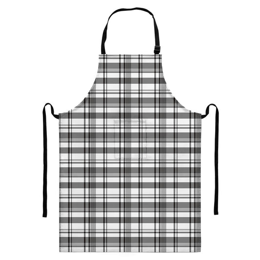 Black And White Madras Pattern Print Bib Apron With Pocket