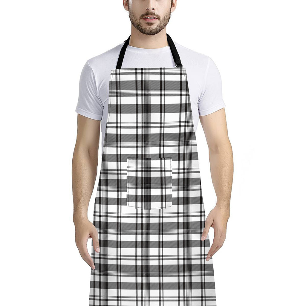 Black And White Madras Pattern Print Bib Apron With Pocket