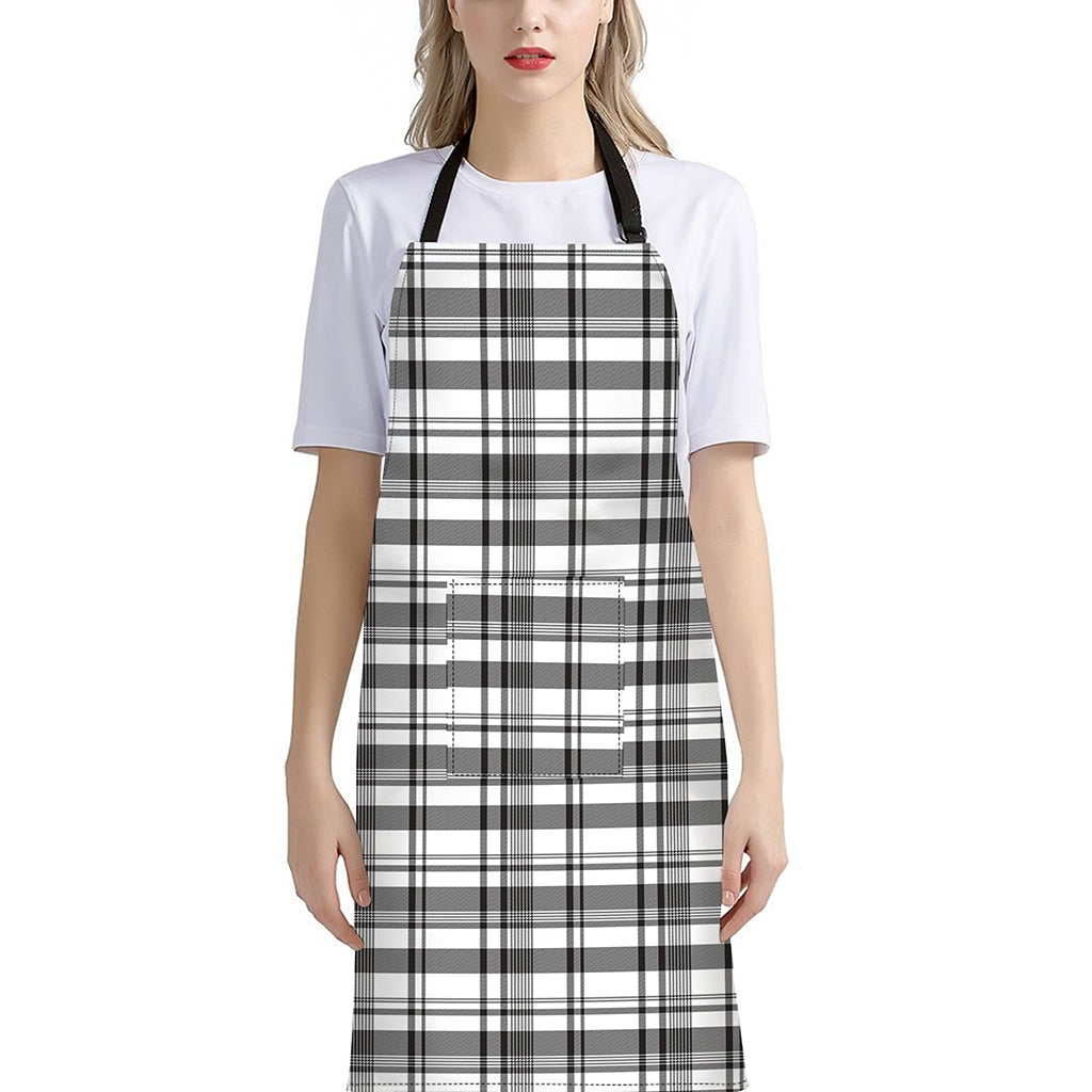 Black And White Madras Pattern Print Bib Apron With Pocket