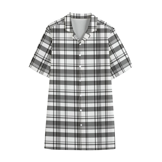 Black And White Madras Pattern Print Cotton Hawaiian Shirt