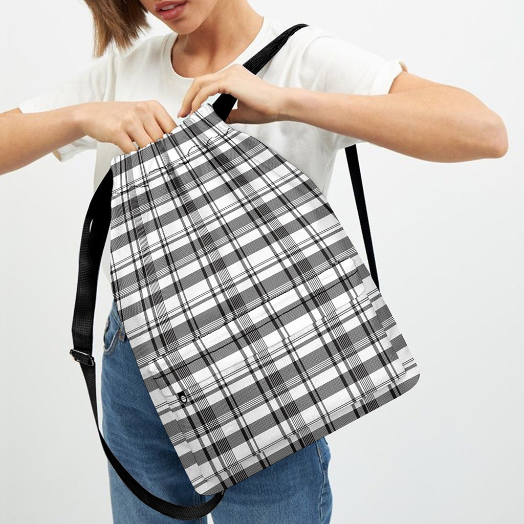 Black And White Madras Pattern Print Drawstring Backpack
