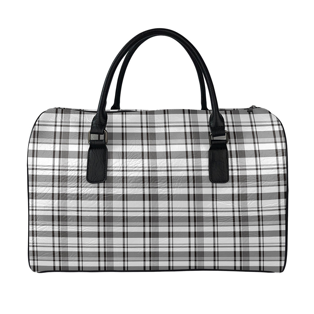 Black And White Madras Pattern Print Leather Duffle Bag