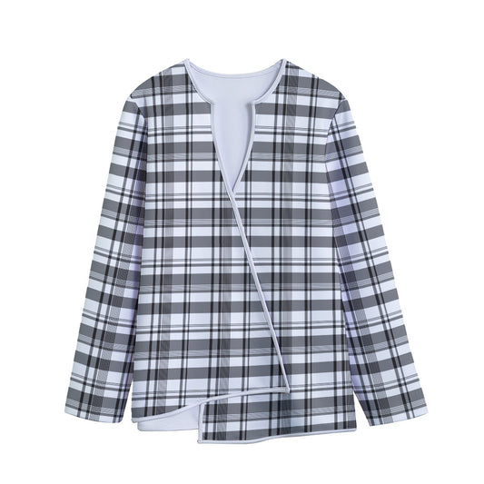 Black And White Madras Pattern Print Long Sleeve Short Coat
