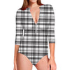 Black And White Madras Pattern Print Long Sleeve Swimsuit