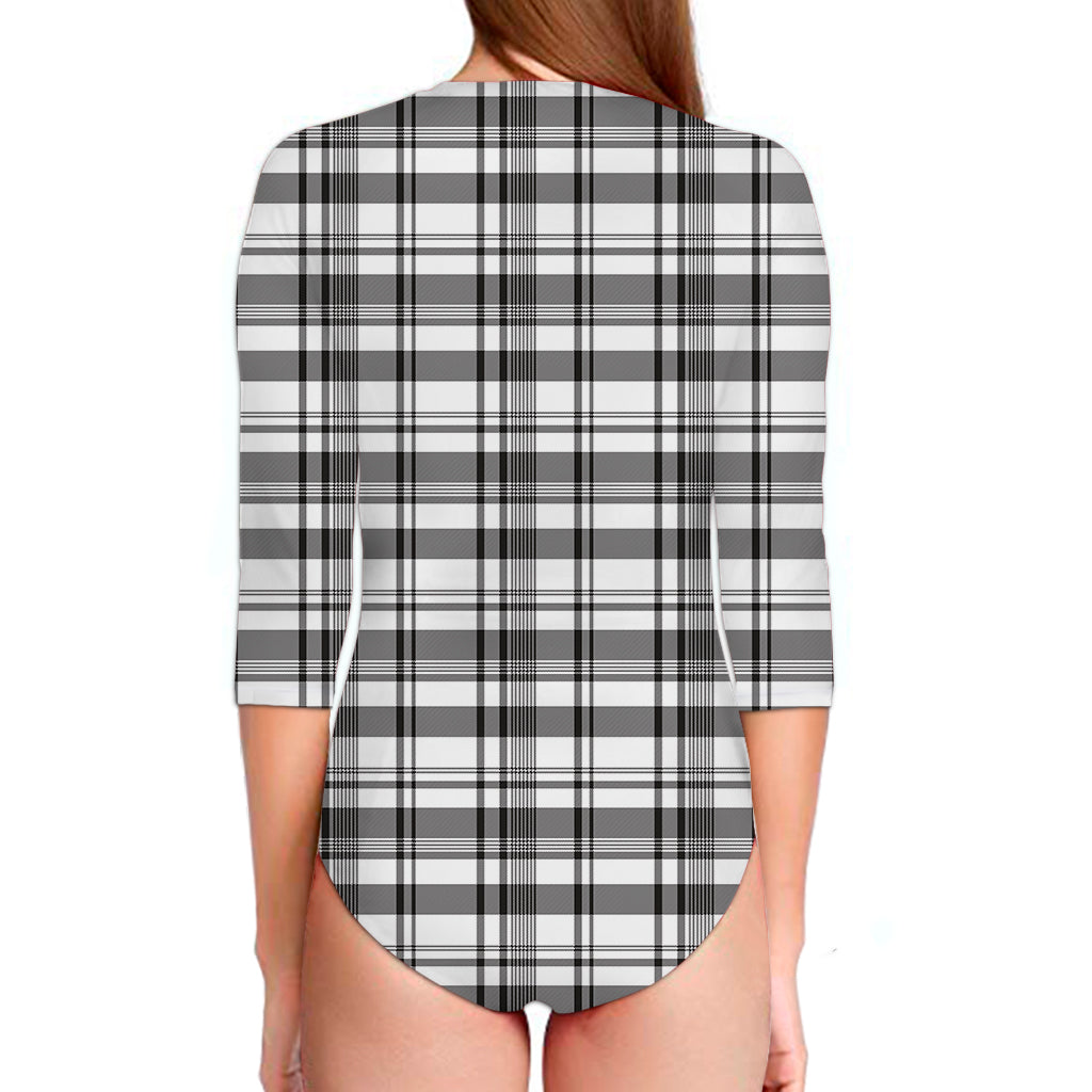 Black And White Madras Pattern Print Long Sleeve Swimsuit