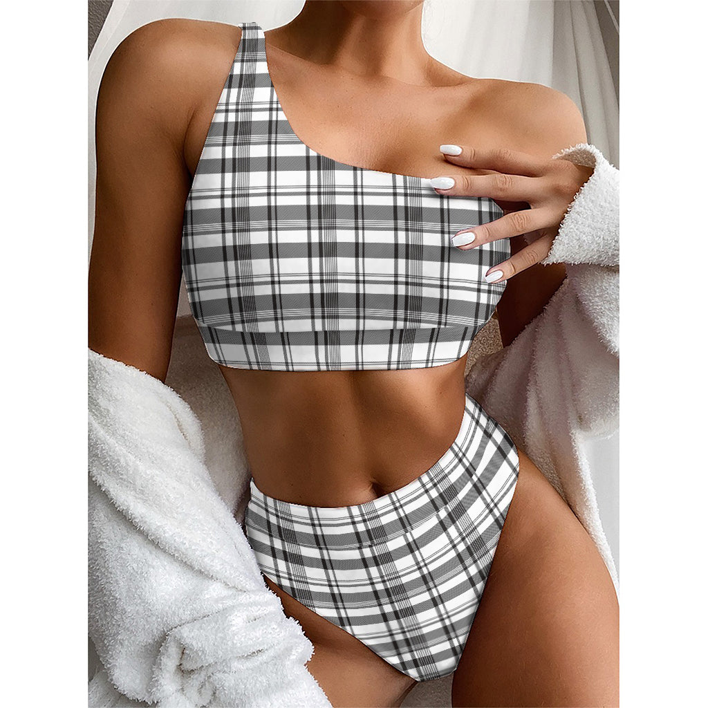 Black And White Madras Pattern Print One Shoulder Bikini Top