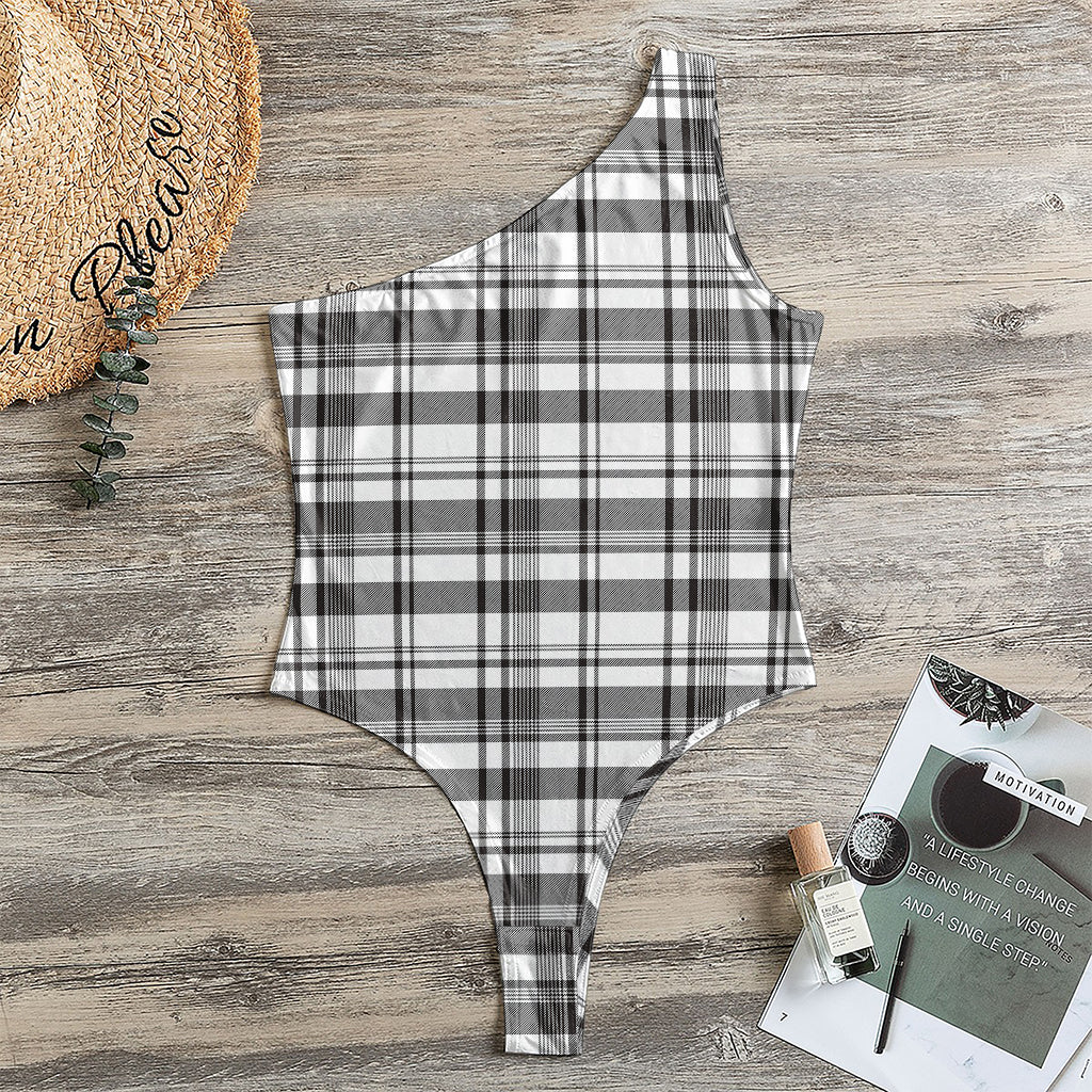 Black And White Madras Pattern Print One Shoulder Bodysuit