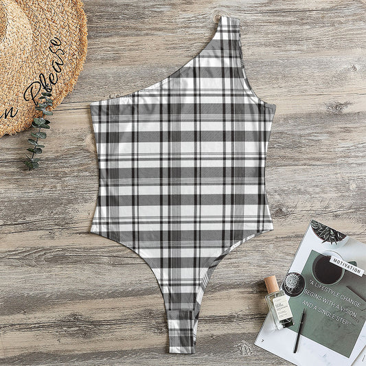 Black And White Madras Pattern Print One Shoulder Bodysuit