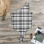 Black And White Madras Pattern Print One Shoulder Bodysuit