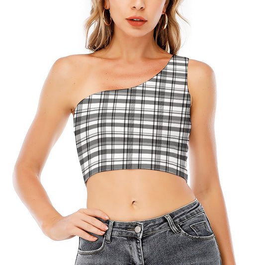 Black And White Madras Pattern Print One Shoulder Crop Top
