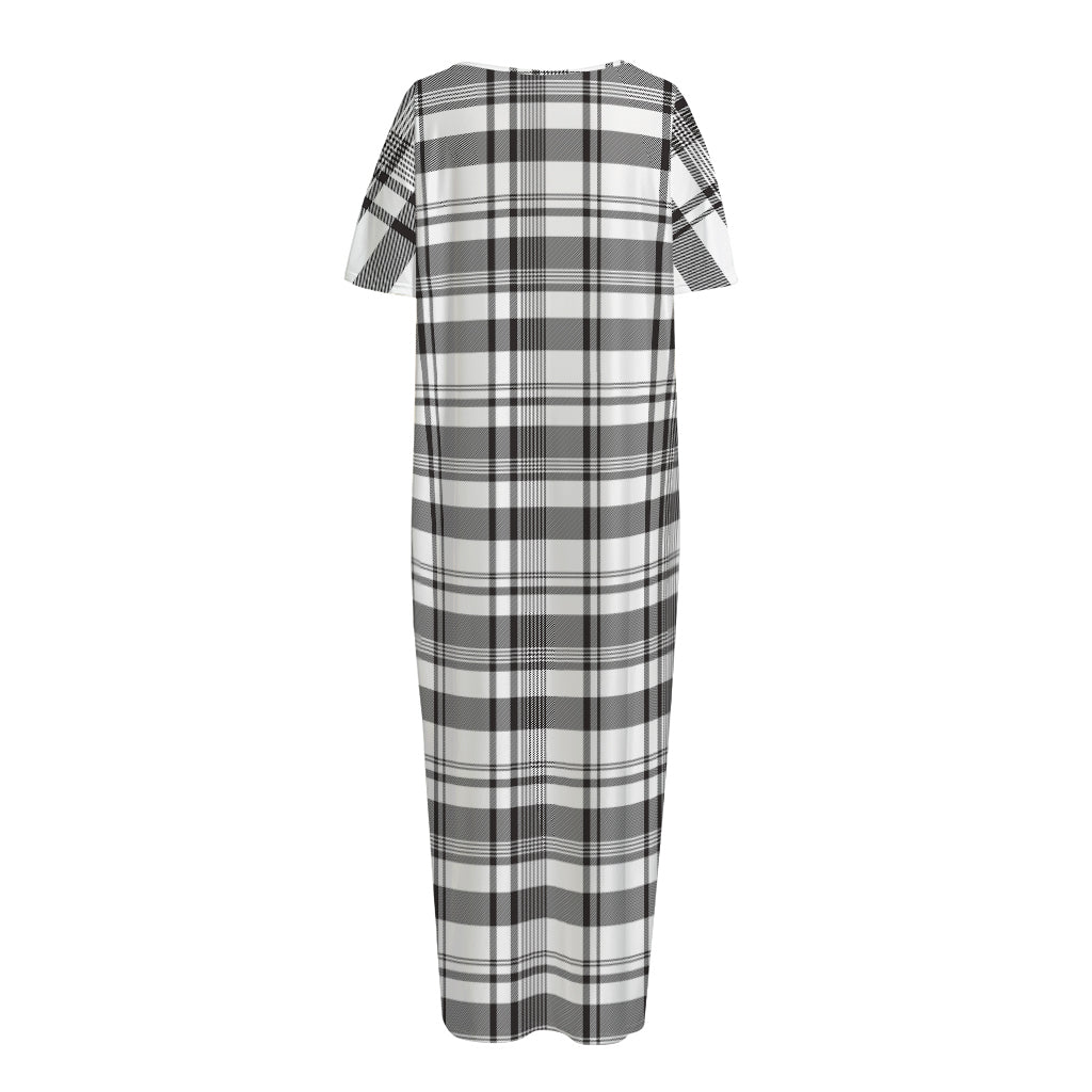 Black And White Madras Pattern Print Short Sleeve Long Nightdress