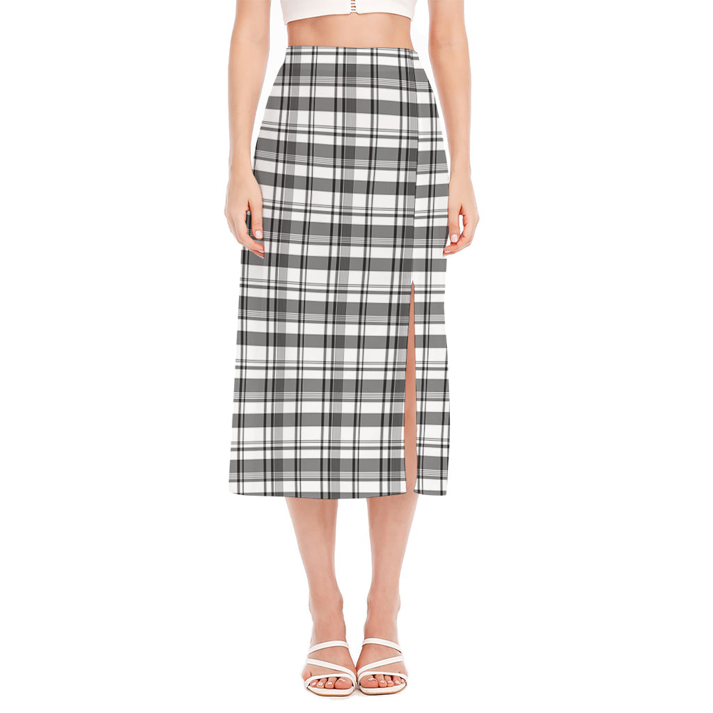 Black And White Madras Pattern Print Side Slit Midi Skirt