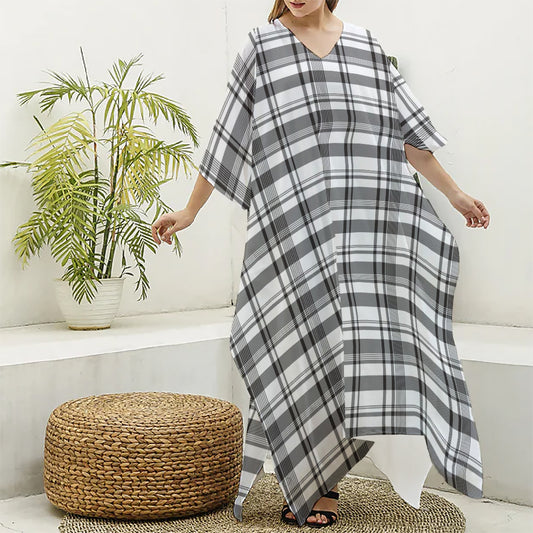 Black And White Madras Pattern Print Silk V-Neck Kaftan Dress