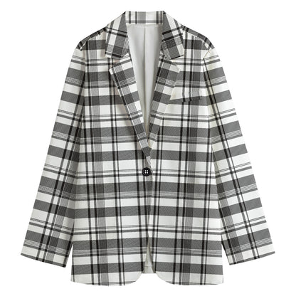 Black And White Madras Pattern Print Women's Cotton Blazer