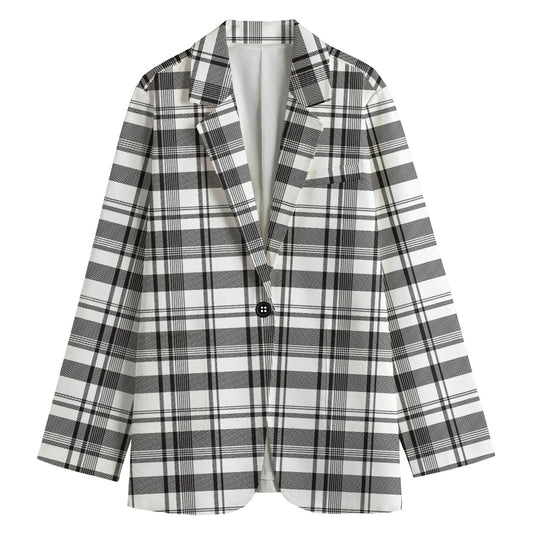 Black And White Madras Pattern Print Women's Cotton Blazer